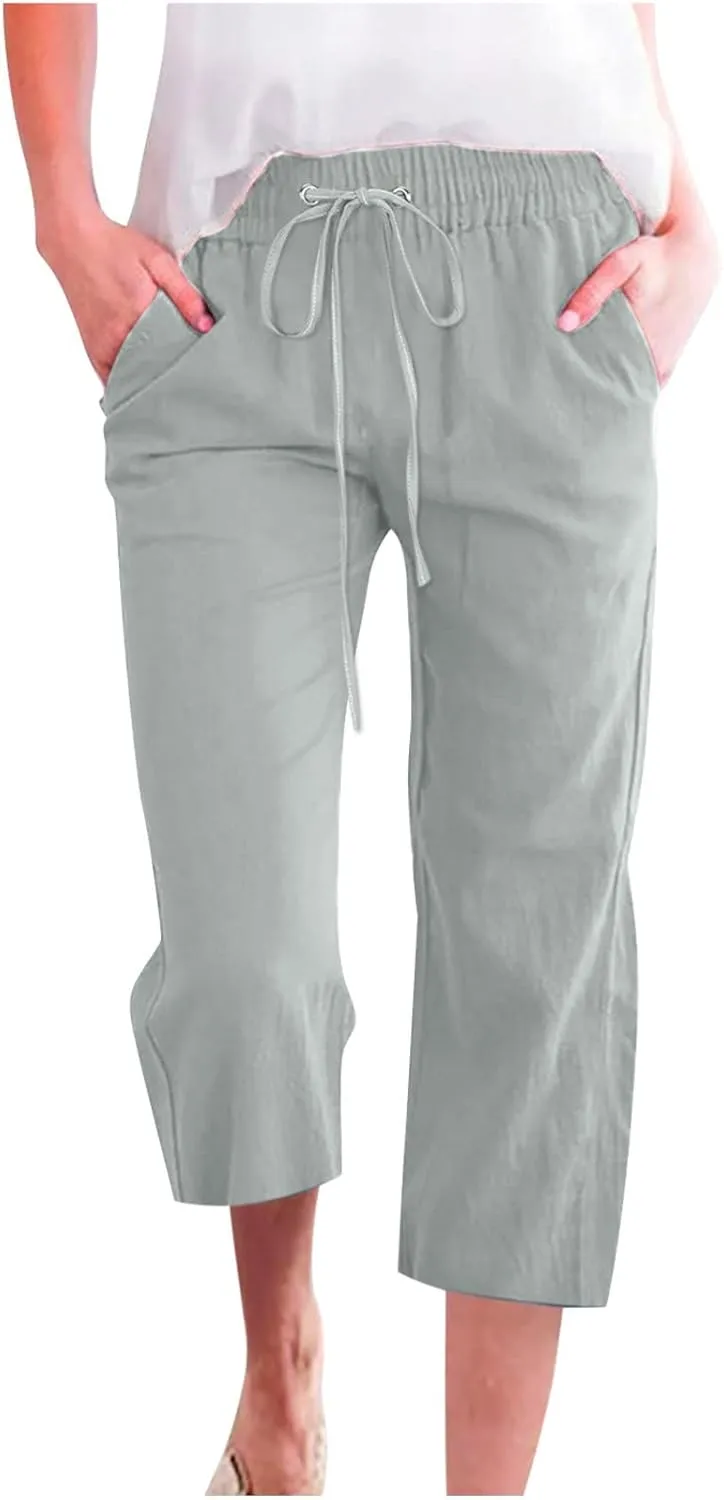 Capri Pants for Women Casual Summer Drawstring Elastic High Waisted Linen Pants Straight Wide Leg Cropped Trousers