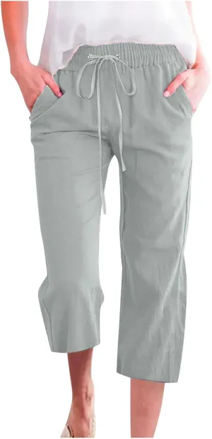 Capri Pants for Women Casual Summer Drawstring Elastic High Waisted Linen Pants Straight Wide Leg Cropped Trousers