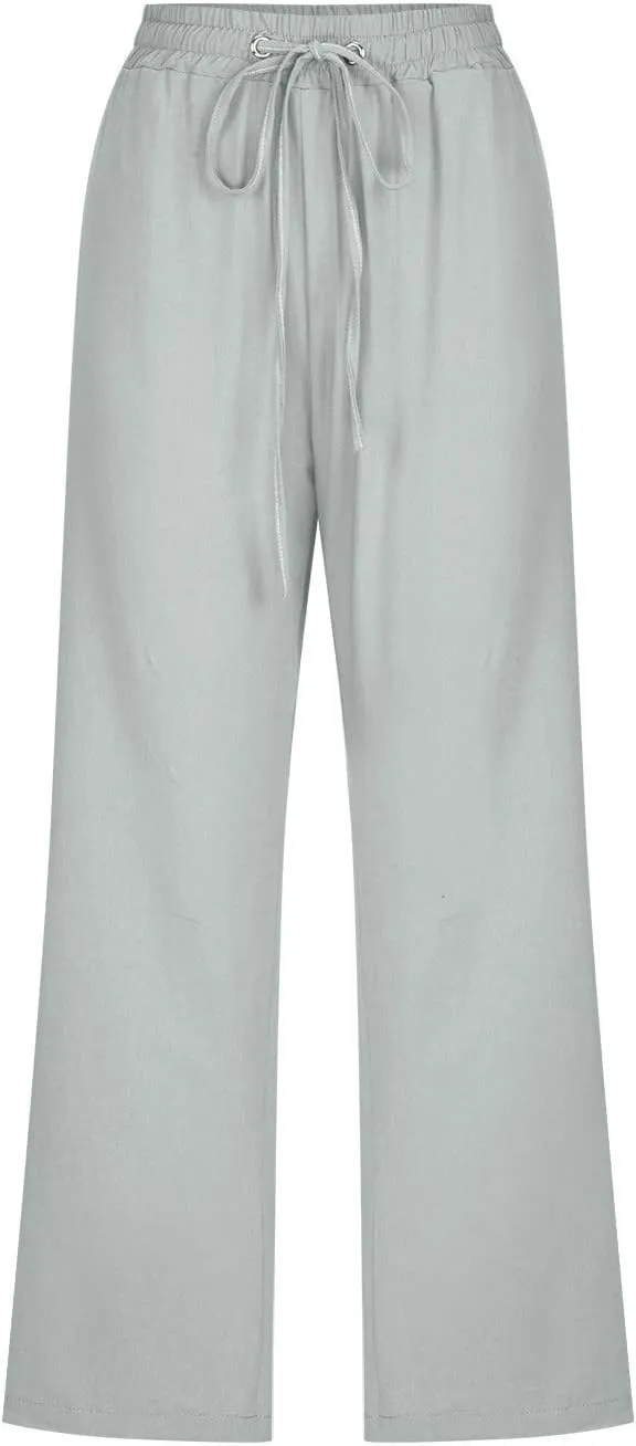 Capri Pants for Women Casual Summer Drawstring Elastic High Waisted Linen Pants Straight Wide Leg Cropped Trousers