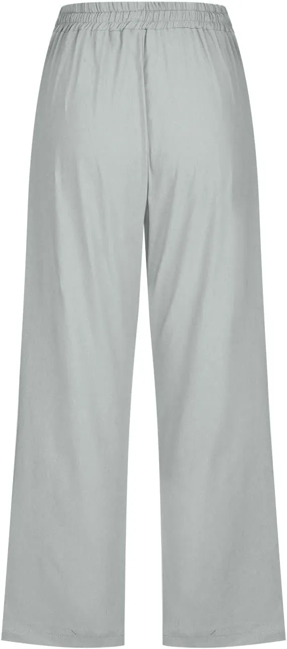 Capri Pants for Women Casual Summer Drawstring Elastic High Waisted Linen Pants Straight Wide Leg Cropped Trousers