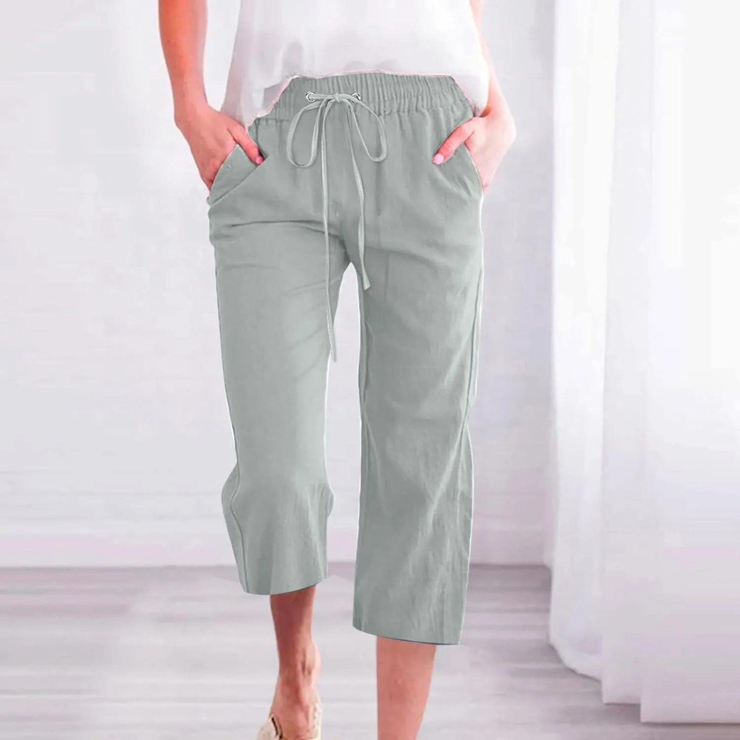 Capri Pants for Women Casual Summer Drawstring Elastic High Waisted Linen Pants Straight Wide Leg Cropped Trousers