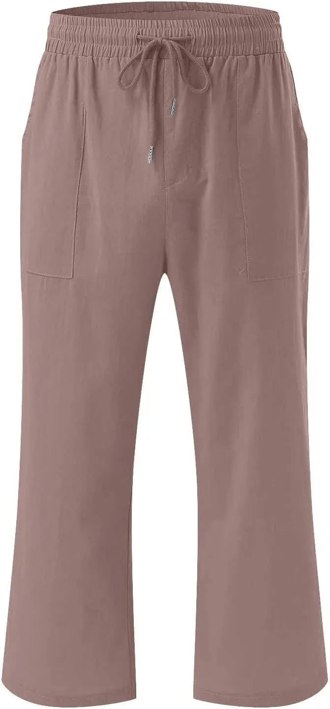 Linen Capri Pants for Women Summer Cropped Lounge Pants Baggy Lightweight Elastic Waist Straight Wide Leg Trousers