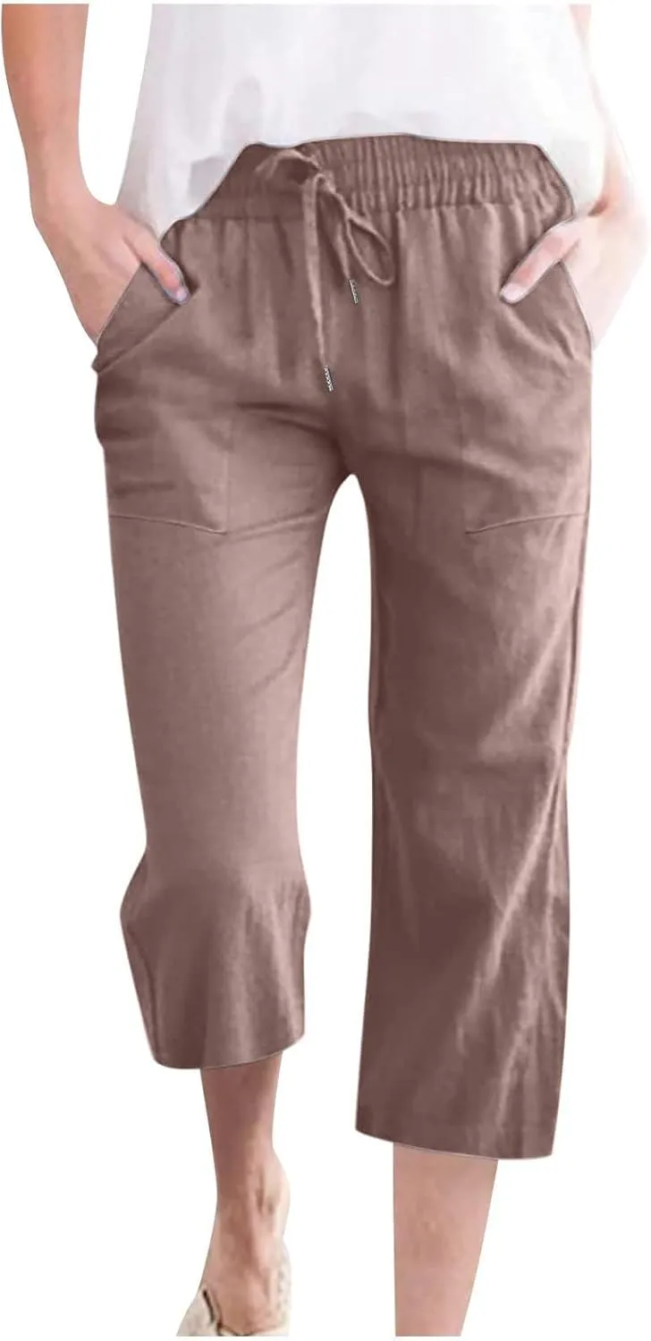 Linen Capri Pants for Women Summer Cropped Lounge Pants Baggy Lightweight Elastic Waist Straight Wide Leg Trousers