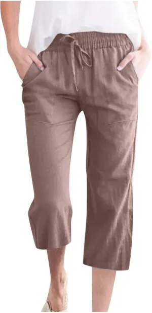 Linen Capri Pants for Women Summer Cropped Lounge Pants Baggy Lightweight Elastic Waist Straight Wide Leg Trousers