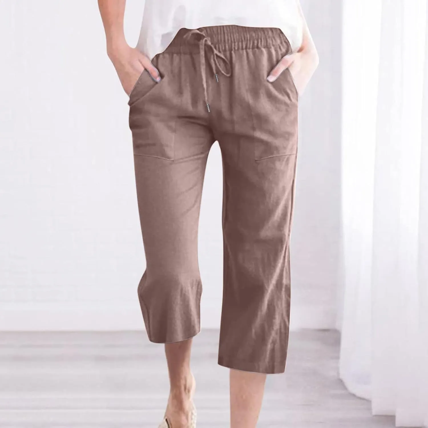 Linen Capri Pants for Women Summer Cropped Lounge Pants Baggy Lightweight Elastic Waist Straight Wide Leg Trousers