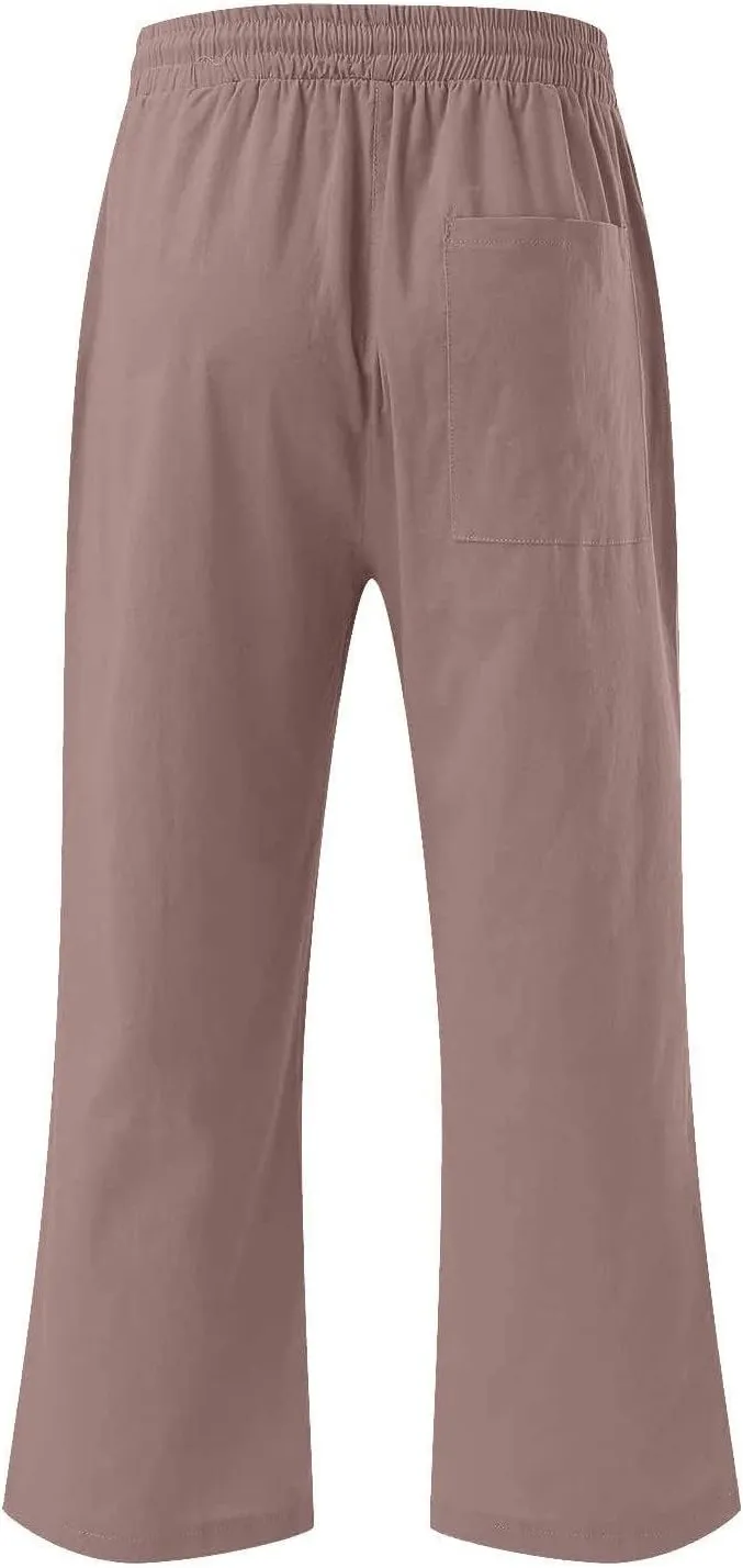 Linen Capri Pants for Women Summer Cropped Lounge Pants Baggy Lightweight Elastic Waist Straight Wide Leg Trousers