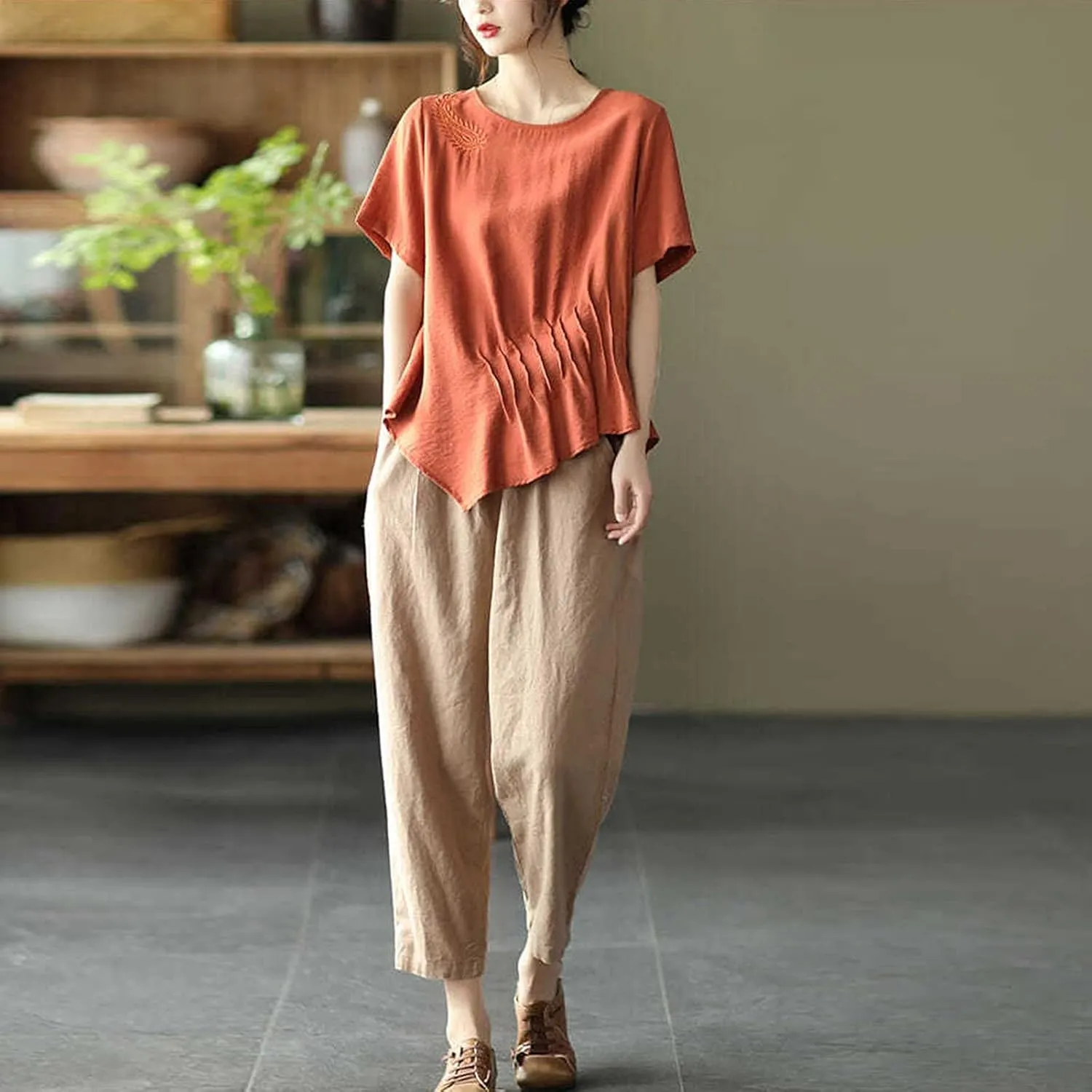 Sunward Capri Pants for Women Cotton Linen Casual Lounge Pants Wide Leg Drawstring Waist Harem Cropped Palazzo Trousers