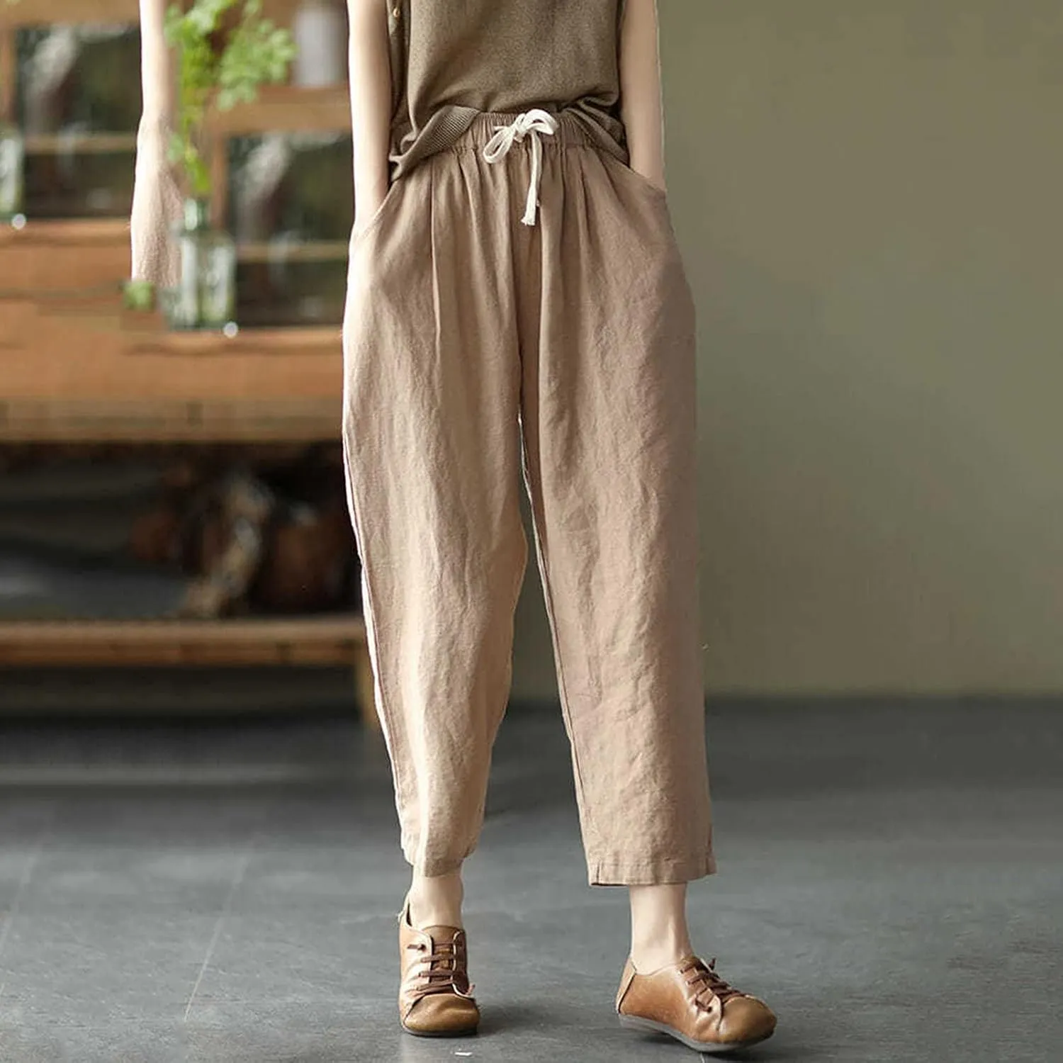 Sunward Capri Pants for Women Cotton Linen Casual Lounge Pants Wide Leg Drawstring Waist Harem Cropped Palazzo Trousers