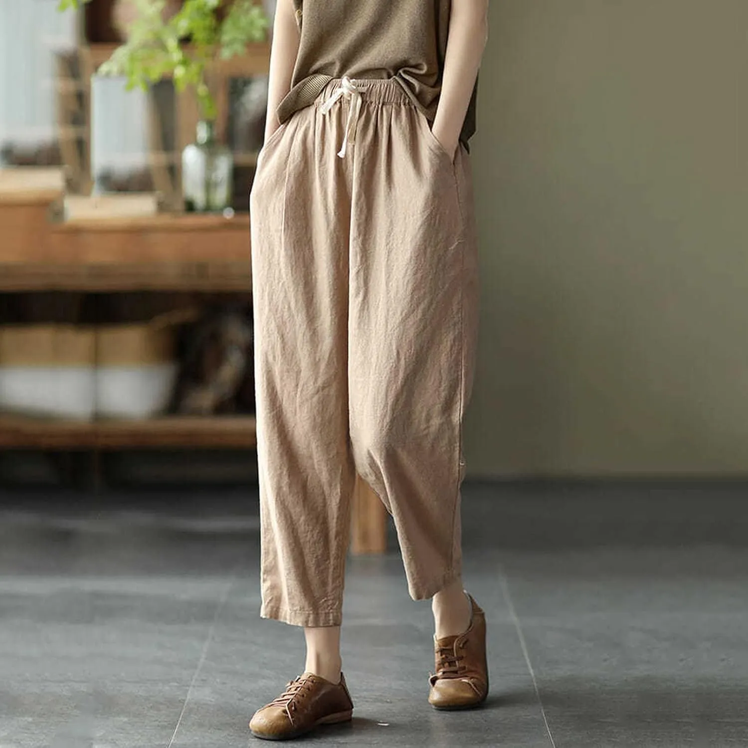 Sunward Capri Pants for Women Cotton Linen Casual Lounge Pants Wide Leg Drawstring Waist Harem Cropped Palazzo Trousers