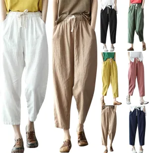 Sunward Capri Pants for Women Cotton Linen Casual Lounge Pants Wide Leg Drawstring Waist Harem Cropped Palazzo Trousers