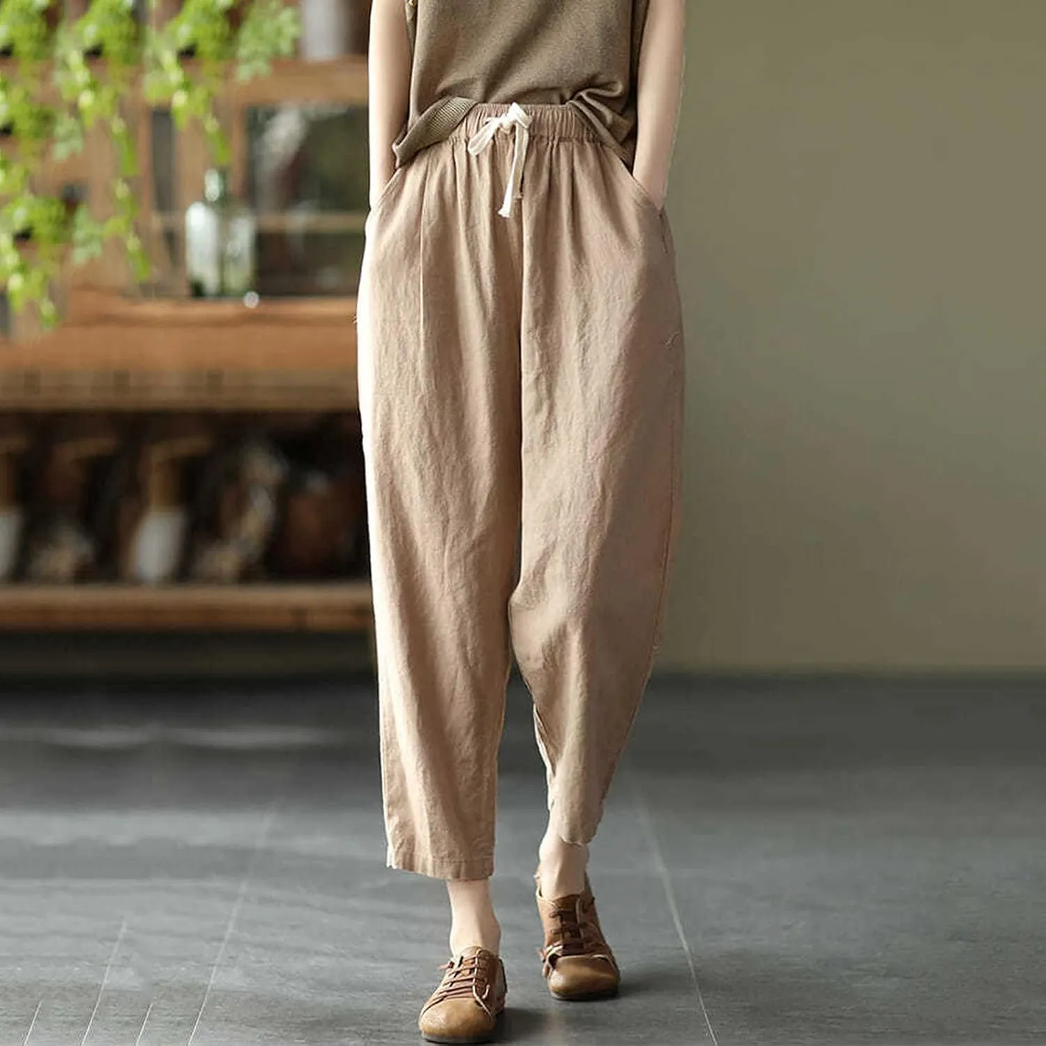Sunward Capri Pants for Women Cotton Linen Casual Lounge Pants Wide Leg Drawstring Waist Harem Cropped Palazzo Trousers