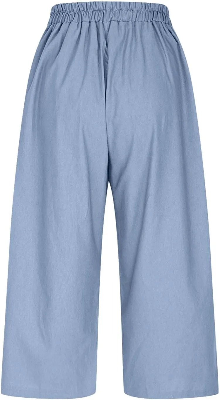 Womens Cotton Linen Capri Trousers Elasticated Waist Cropped Pants 3/4 Trouser Summer Drawstring Sweatpants