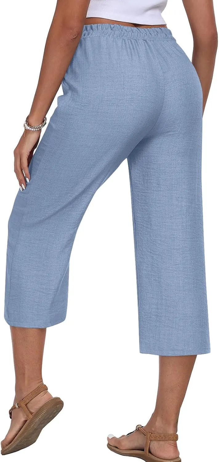 Womens Cotton Linen Capri Trousers Elasticated Waist Cropped Pants 3/4 Trouser Summer Drawstring Sweatpants