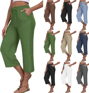 Womens Cotton Linen Capri Trousers Elasticated Waist Cropped Pants 3/4 Trouser Summer Drawstring Sweatpants