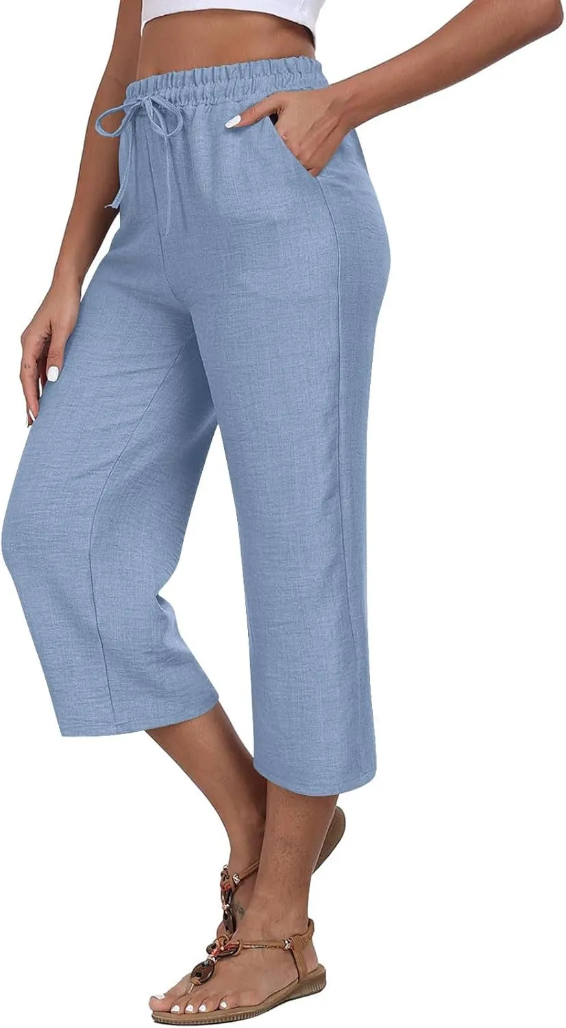 Womens Cotton Linen Capri Trousers Elasticated Waist Cropped Pants 3/4 Trouser Summer Drawstring Sweatpants