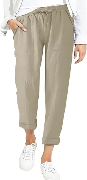 Women's Cotton Linen Trousers Solid Color High Waist Pocket Loose Fit Casual Trousers Flared Lace Pants