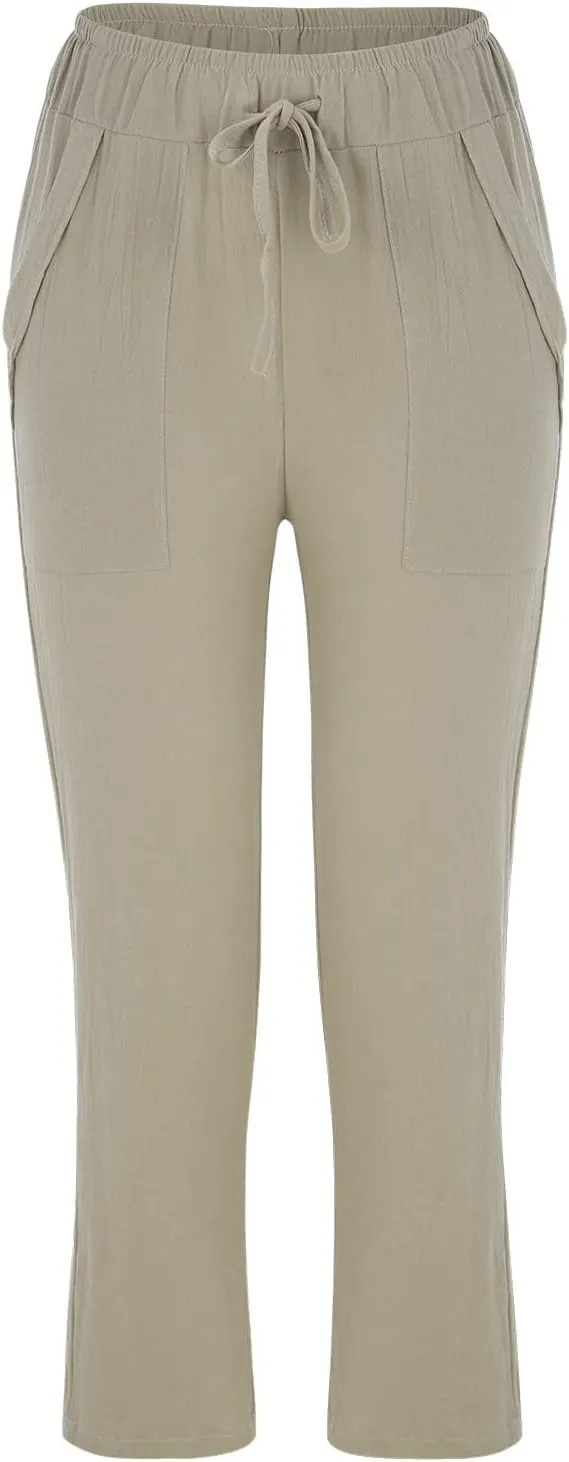 Women's Cotton Linen Trousers Solid Color High Waist Pocket Loose Fit Casual Trousers Flared Lace Pants