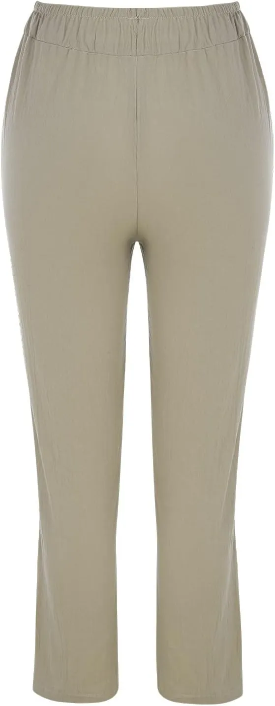 Women's Cotton Linen Trousers Solid Color High Waist Pocket Loose Fit Casual Trousers Flared Lace Pants