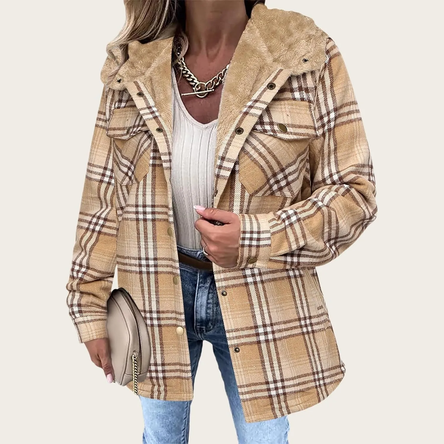 Womens Fleece Lined Jacket Flannel Plaid Shacket Casual Long Sleeve Button Down Hooded Jackets Fuzzy Warm Hoodies