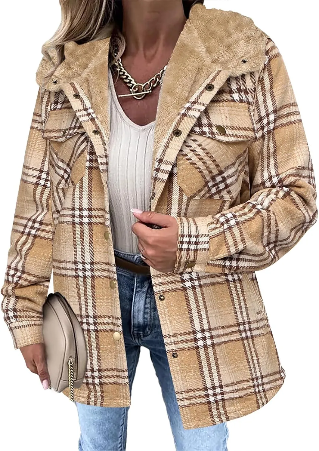 Womens Fleece Lined Jacket Flannel Plaid Shacket Casual Long Sleeve Button Down Hooded Jackets Fuzzy Warm Hoodies